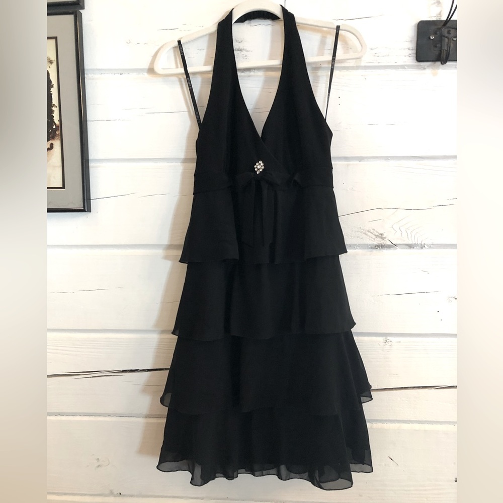 “B Darlin” size 5/6, black tiered, halter top cocktail dress